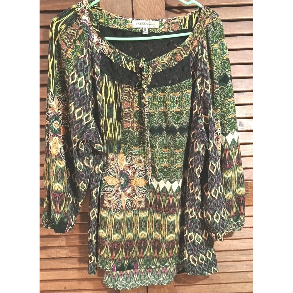 Figuero & Flower Blouse Womens XL Pullover Tunic 3/4 Sleeve‎ Multi Color Green